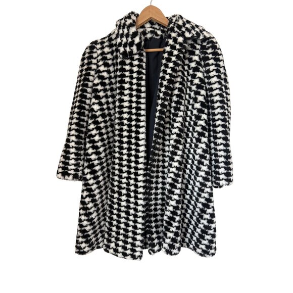 Vintage Black & White Faux Fur Houndstooth Swing Coat Jacket S/M - Picture 1 of 5